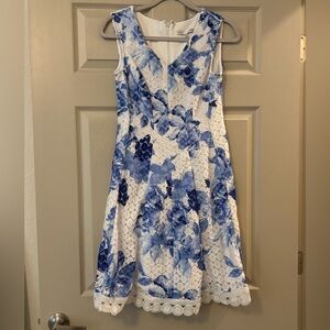 Sandra Darren White Dress with Blue Floral Lace Midi